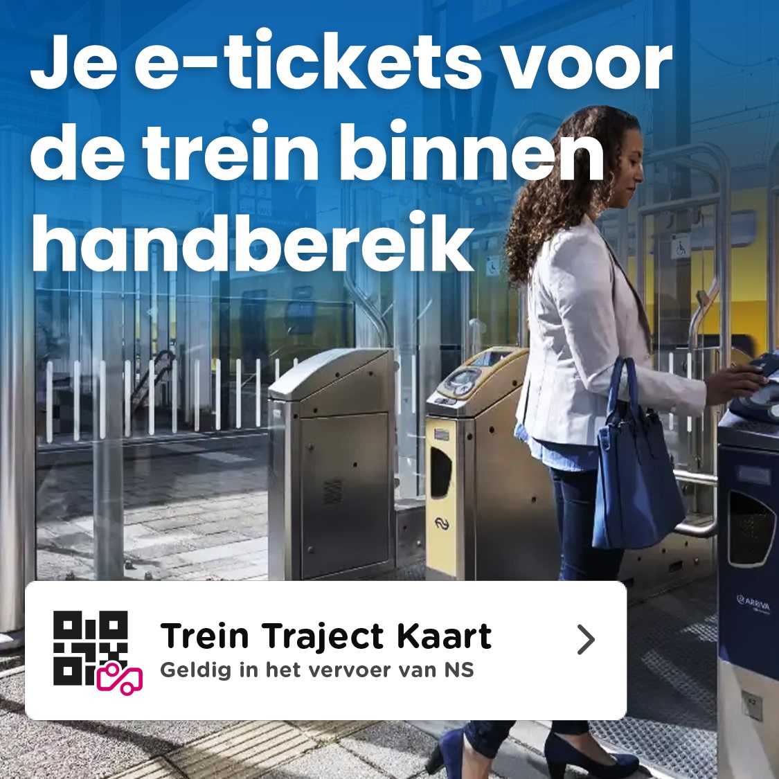 Reiziger checkt in bij NS-poortjes met een trein op de achtergrond, met promotie voor trein e-tickets en een Trein Traject Kaart.