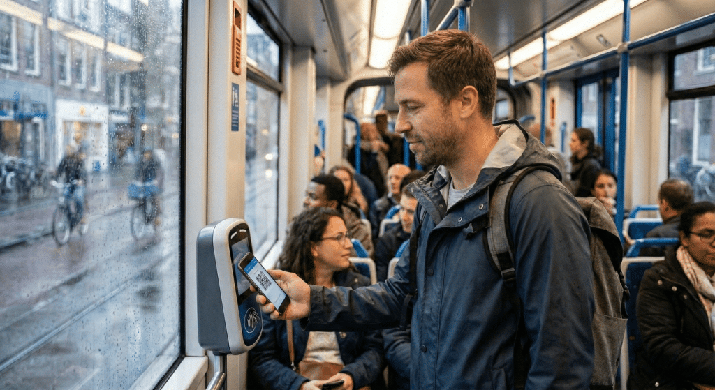 Reiziger maakt gebruik van QR-ticket in OV